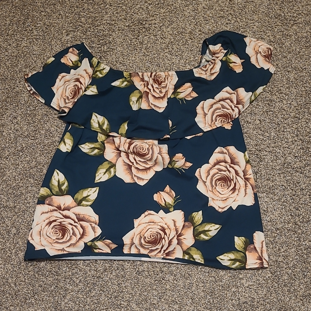 Floral Off-Shoulder Top - Deep Green and Pink